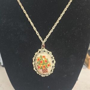 Gold-Tone Floral Embroidered Oval Pendant Necklace - Pink & Green